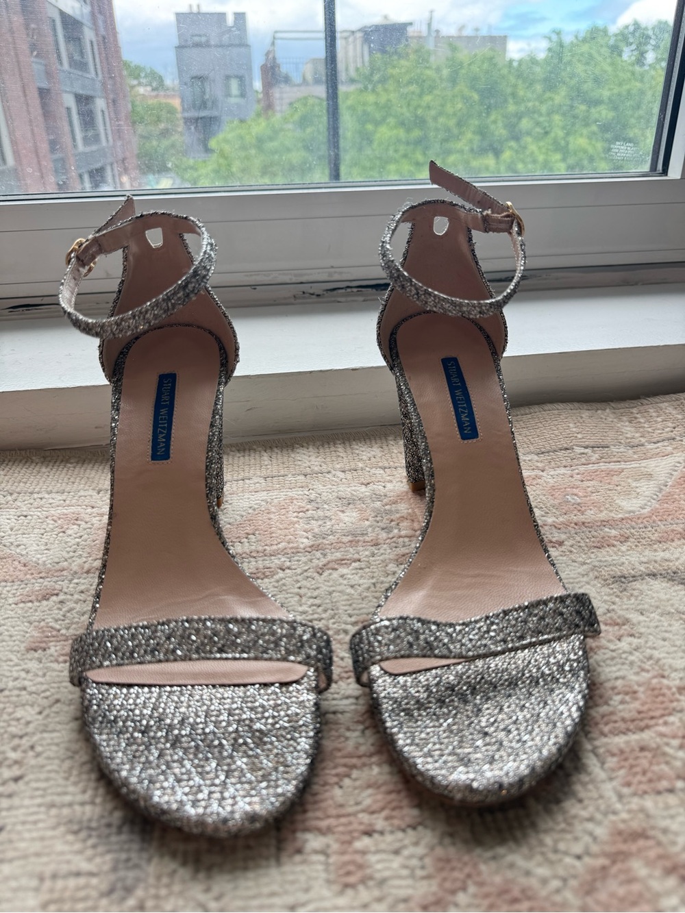 Stuart Weitzman Silver Glitter Ankle-Strap Heels